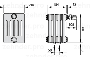 Схема (чертеж) Радиатор Zehnder Charleston 6030/4 №V008 Белый глянцевый RAL 9016
